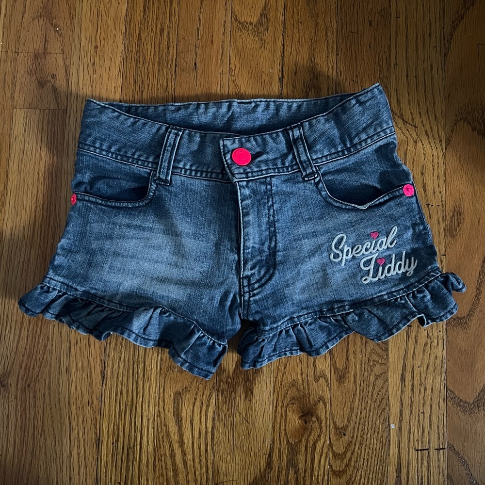 Japanese Brand Girls' Dark Denim Ruffle Shorts - Pink Accent